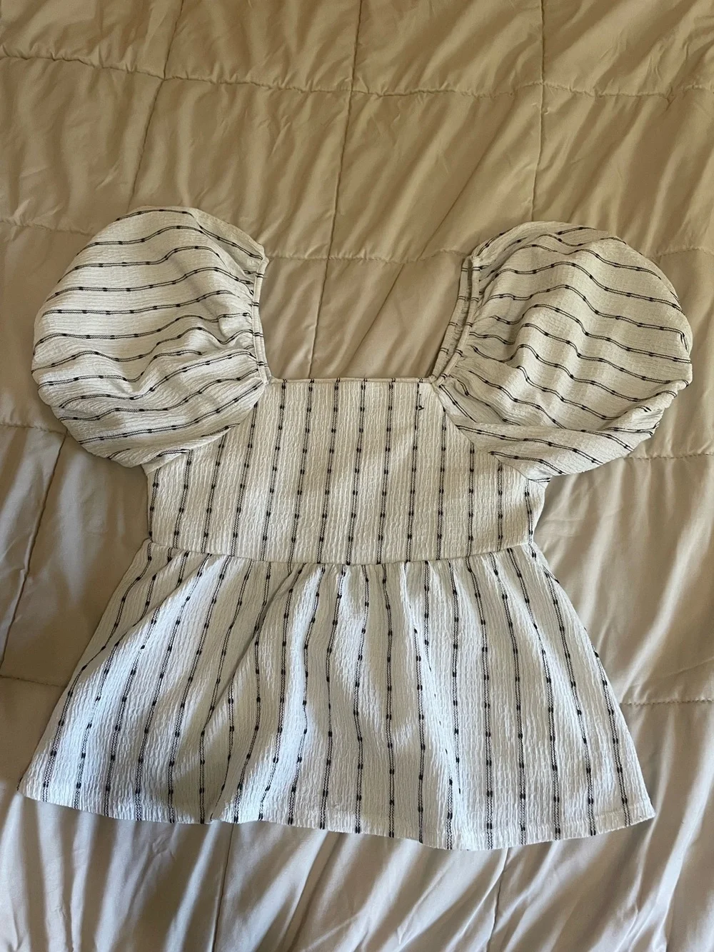 Madewell White Textured Puff-Sleeve Square-Neck Top with Black Stripes